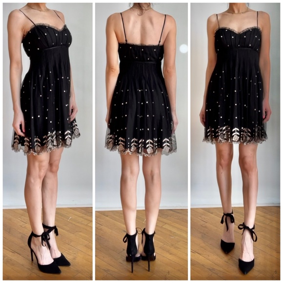 Vintage Betsey Johnson Black Embroidered Mesh Babydoll Bustier Black Dress - Picture 1 of 8